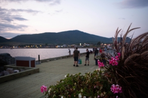 Panorama sur le mont Saint-Joseph, pêcheur sportif et visiteurs sur le quai, boîte à fleurs.